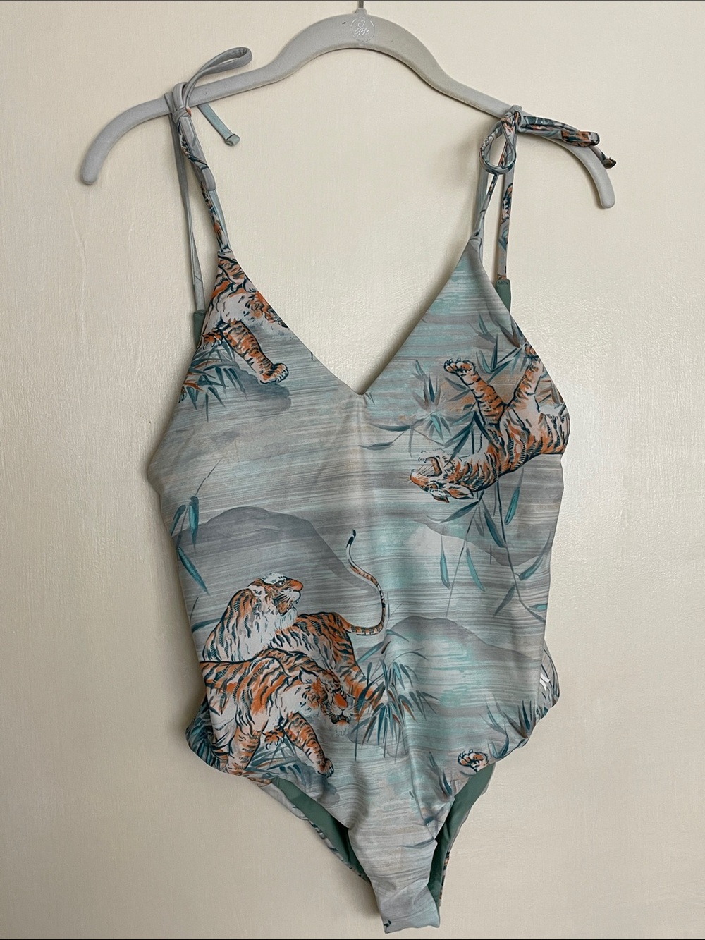 Tiger Print Tie-Shoulder One-Piece Swimsuit in Sage Mint & Orange